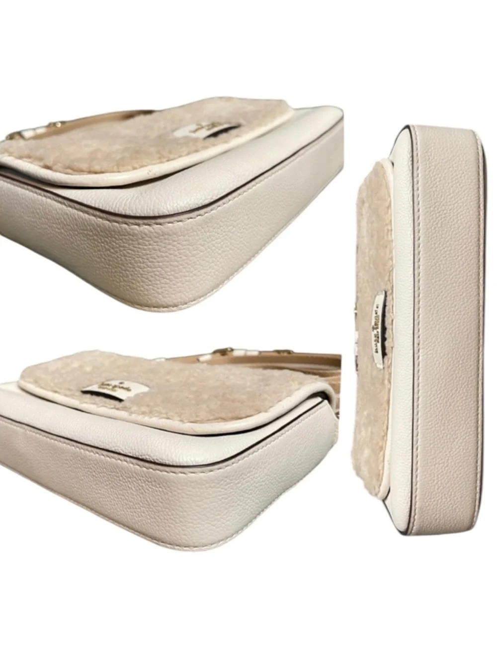 kate spade Cream Shearling & Leather Crossbody with Stripe Strap